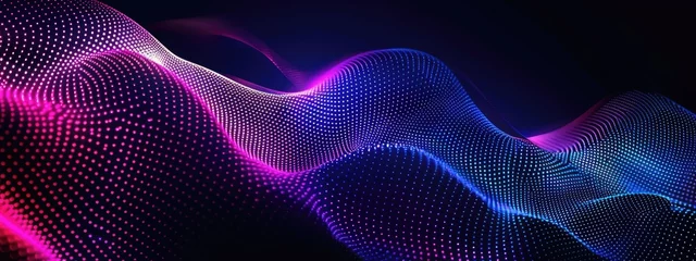 Foto op Canvas Vibrant abstract digital landscape with flowing neon lines and dots on a dark backdrop, depicting futuristic wave patterns for technology, science or communication background © ABC Vector