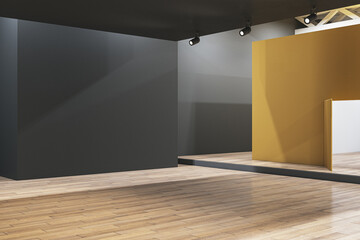 Contemporary gallery interior with concrete walls, mock up place and wooden flooring. 3D Rendering.