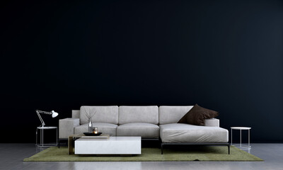 The interior design concept of living room and dark blue wall background and wooden floor. 3d...
