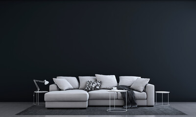 The modern interior design concept of living room and dark blue wall background and wooden floor....
