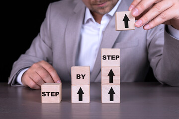 Step by step text, Productivity and improvement, Ladder of success, up arrow symbol.