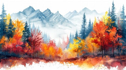 Obraz na płótnie Canvas Autumn Forest Watercolor Painting - Vibrant Colors on White Generative AI