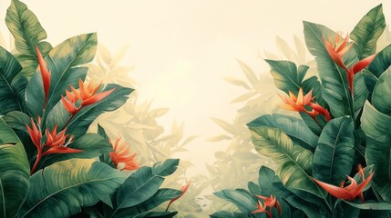 Fototapeta na wymiar Tropical Leaves and Bird of Paradise Digital Illustration Generative AI