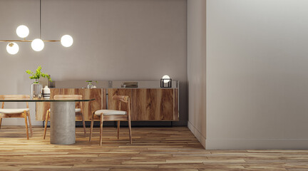 Sleek dining area with wood details and modern lighting on neutral background. Design concept. 3D...
