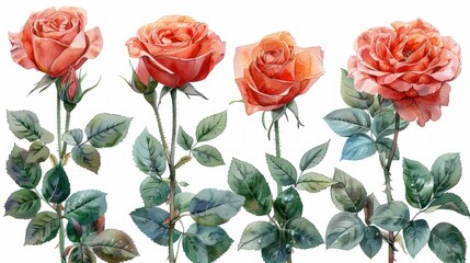 Delicate Watercolor Illustration of Translucent Roses and Pressed Leaves Generative AI