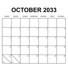 october 2033. calendar for 2033. week starts on Sunday. printable, simple, and clear design. calendar vector design.