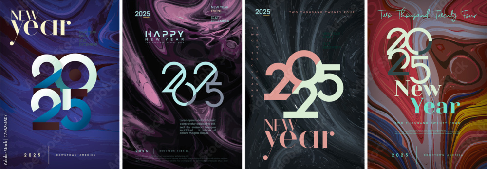 Wall mural Happy new year 2025 with colorful downtown america illustration as a background. Vector magazine cover with unique numbers. Premium design vector happy new year 2025.