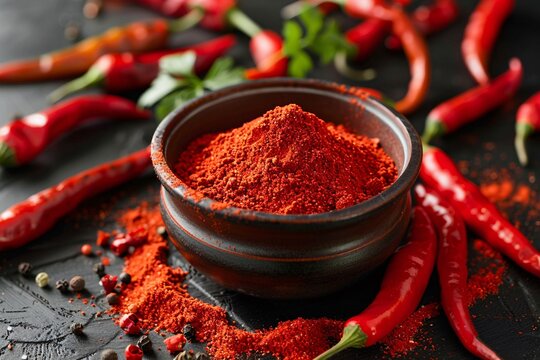 a bowl of red powder and red peppers