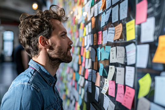 Portrait of a man standing in front of a wall covered with colored post-it notes. A slide background for showcasing the brainstorming process. Created with Generative AI technology.