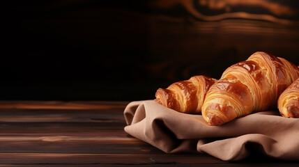 croissants on wooden table, generative. bakery concept.