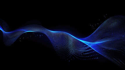 Abstract composition with glowing blue wavy lines and particles isolated on a black background, embodying fluid motion banner for business, technology and communication background - obrazy, fototapety, plakaty
