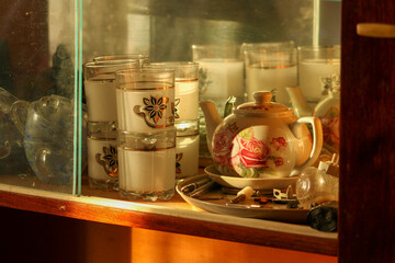 Vintage crockery in warm light