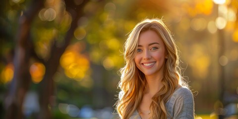 Cheerful attractive blonde woman with long hair, Illuminated by dawn sunshine,  in an autumn sweater radiates natural beauty against a blurred fall background with ample copyspace.
