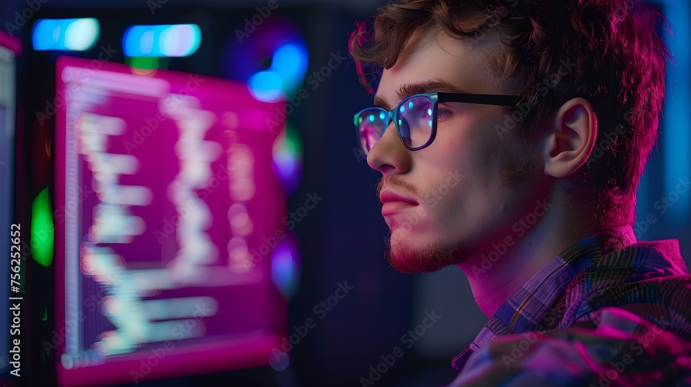 Aufkleber focused young man coding late at night, illuminated by screen glow. modern programmer lifestyle. cap