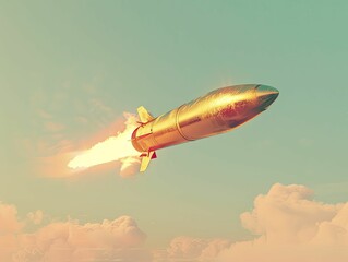 Conceptual image: A golden rocket blends into a pastel sky, symbolizing harmony amidst technology and spirituality.