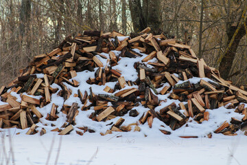 A mountain of chopped firewood covered in snow.