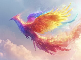 Fototapeta premium phoenix reborn from flames in rainbow hues, symbolizing renewal and the LGBTQ+ journey, set against a clear, pastel sky.