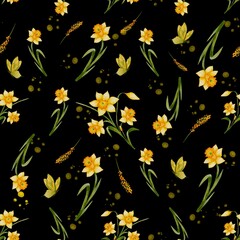 Seamless Yellow Narcissus Pattern on Dark Background – Floral Spring Design for Fabric and Wallpaper