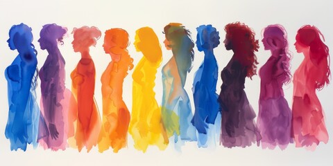 female watercolor painting silhouettes. equality concept image. 