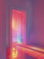 key unlocking a door to reveal a burst of rainbow light, symbolizing liberation and discovery, framed by pastel walls.