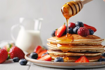 Honey-Drizzled Blueberry Pancakes A Sweet Treat for National Pancake Day Generative AI