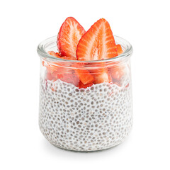 Homemade sweet healthy chia pudding dessert made with plant based vegetarian milk decorated with sliced ripe juicy strawberries topping isolated on white background used as antioxidant breakfast