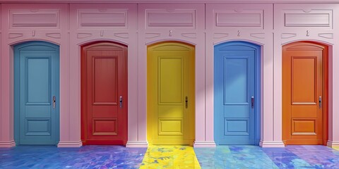 A dynamic image of a series of doors, each painted a different color of the pride flag, opening to rooms of acceptance and understanding, against pastel walls.