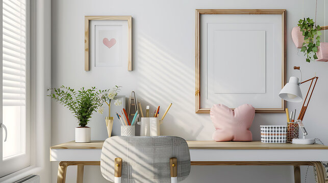 Heart shape mockup photo frame fabric border, on study desk in modern living room, 3d render