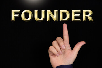 FOUNDER text, a word written on a black background pointed to by a hand with the index finger of a person.