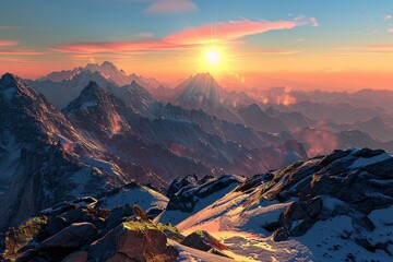 Sunrise on the Mountains A Stunning View of the Sun Setting Over the Snow-Capped Peaks Generative AI