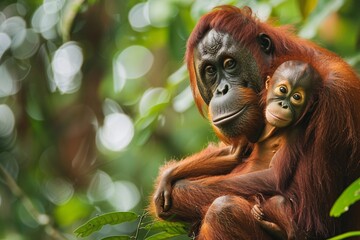 Orangutan Embrace A Motherly Moment in the Jungle Generative AI - obrazy, fototapety, plakaty