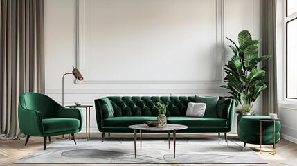 living room interior with green big sofa and a green armchair