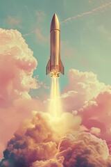 A golden rocket soars towards the heavens with a pastel backdrop embodying its pure quest.