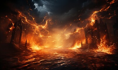 Dark Storm With Fire and Water - obrazy, fototapety, plakaty
