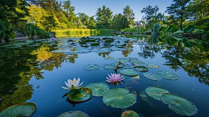Foto op Canvas Flower Power A Serene Pond Scene with Lily Pads and Water Lilies Generative AI © Satyam