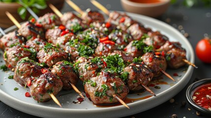 Chinese kebabs on a white plate dark background