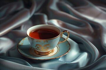 a teacup with a gold design on a saucer - obrazy, fototapety, plakaty