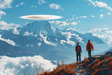 UFO Sighting in the Mountains A Hiking Adventure Generative AI - obrazy, fototapety, plakaty
