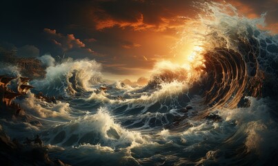 Powerful Wave Crashing in Ocean - obrazy, fototapety, plakaty