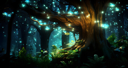 a fairy forest with trees and many glowing lights