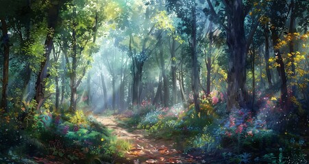 Autumn Leaves on a Path in the Woods Generative AI