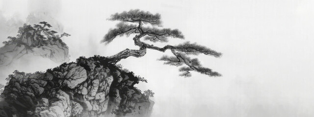 Traditional Chinese ink painting depicting an ethereal landscape with a lone tree on a misty cliff, exuding tranquility