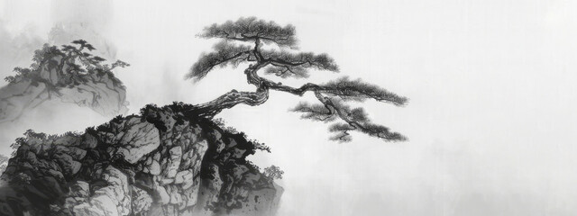Obraz premium Traditional Chinese ink painting depicting an ethereal landscape with a lone tree on a misty cliff, exuding tranquility