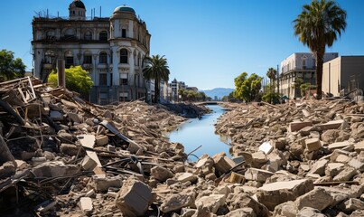 Large Rubble Pile Next to Water - obrazy, fototapety, plakaty