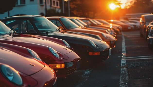 Sunset Serenade A Parade of Cars in the Parking Lot Generative AI