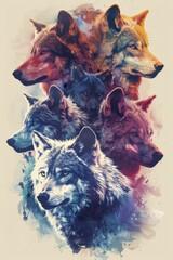 Illustration featuring a wolf pack, each with a color of the pride spectrum, symbolizing community on a pastel background.