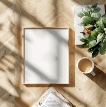 Frame mockup, living room, Coffee Break Still Life: Picture Frame and Cup on Wooden Floor