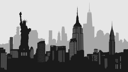 Silhouette vector background of Manhattan cityscape. New York City, United States. Statue of Liberty, Empire State Building, Rockefeller Plaza, Office Building. Travel illustration © Olha