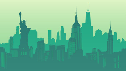 New York City, United States. Silhouette vector background of Manhattan cityscape. Statue of Liberty, Empire State Building, Rockefeller Plaza, Office Building. Travel illustration - obrazy, fototapety, plakaty