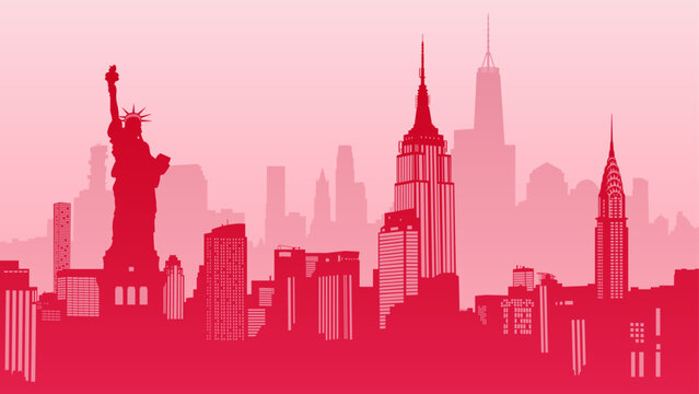 Silhouette vector background of New York cityscape. Statue of Liberty, Empire State Building, Rockefeller Plaza, Office Building